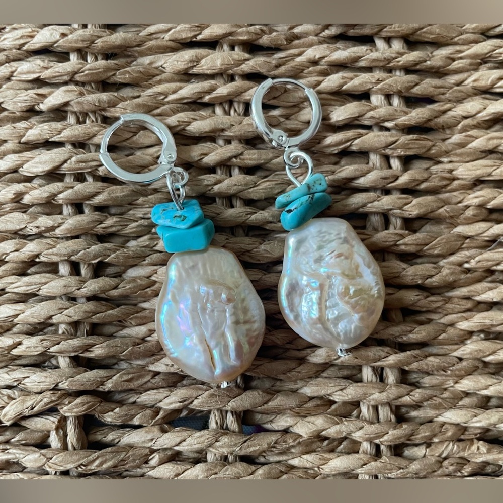 Elegant Freshwater Pearl and Turquoise Earrings